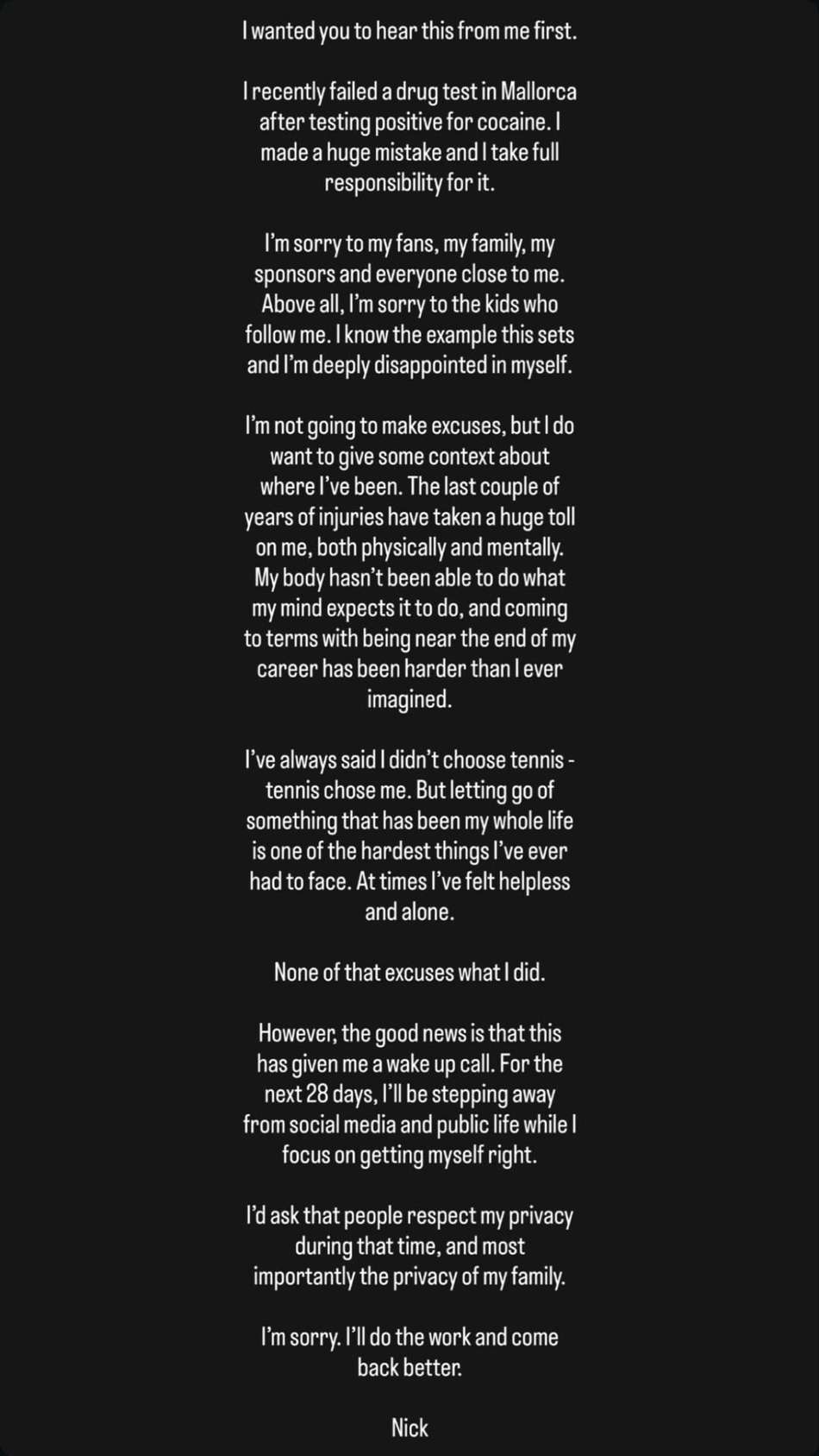 Nick Kyrgios publica texto no Instagram (Foto: Reprodução)