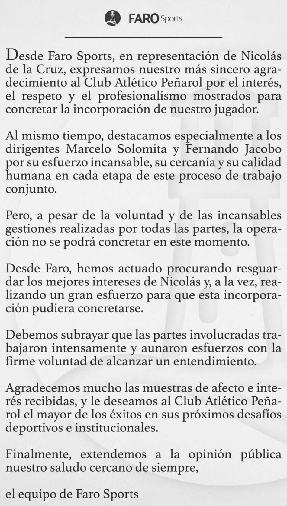 Nota oficial da equipe de assessoria do De La Cruz