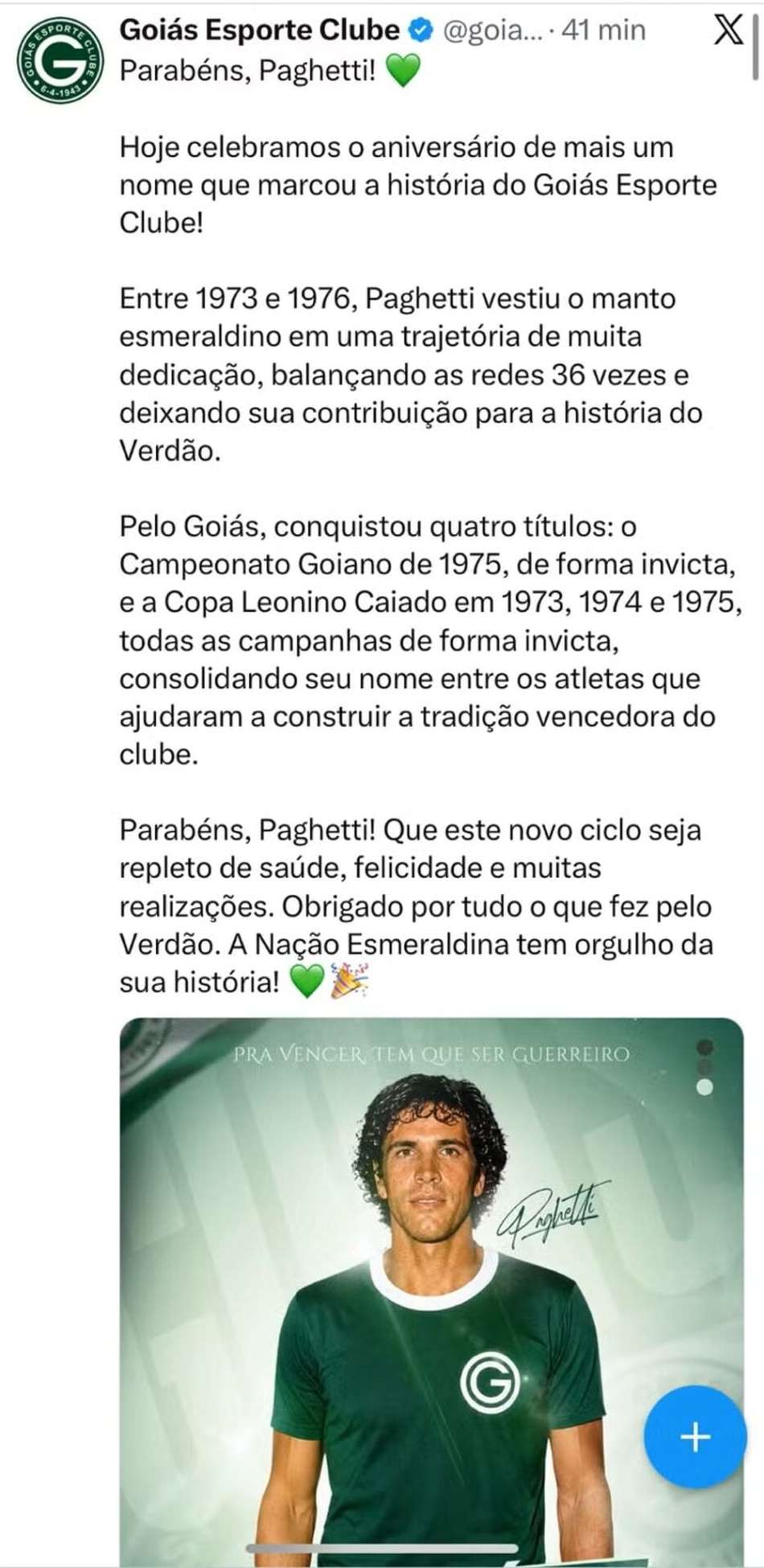 Paghetti foi campeão três vezes do Campeonato Goiano pelo clube brasileiro (Foto: Reprodução/Instagram)
