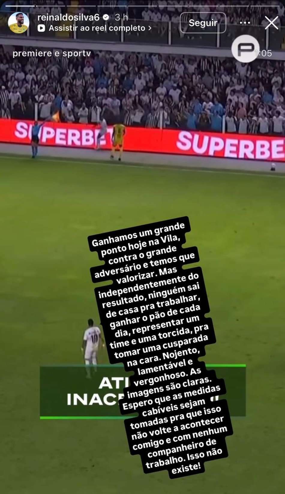 Pronunciamento de Reinaldo em polêmica durante Santos x Mirassol (Foto: Reprodução)