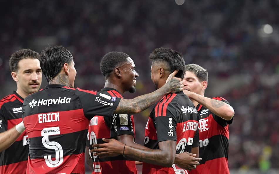 Pulgar e Bruno Henrique comemoram gol em Flamengo x Vitória