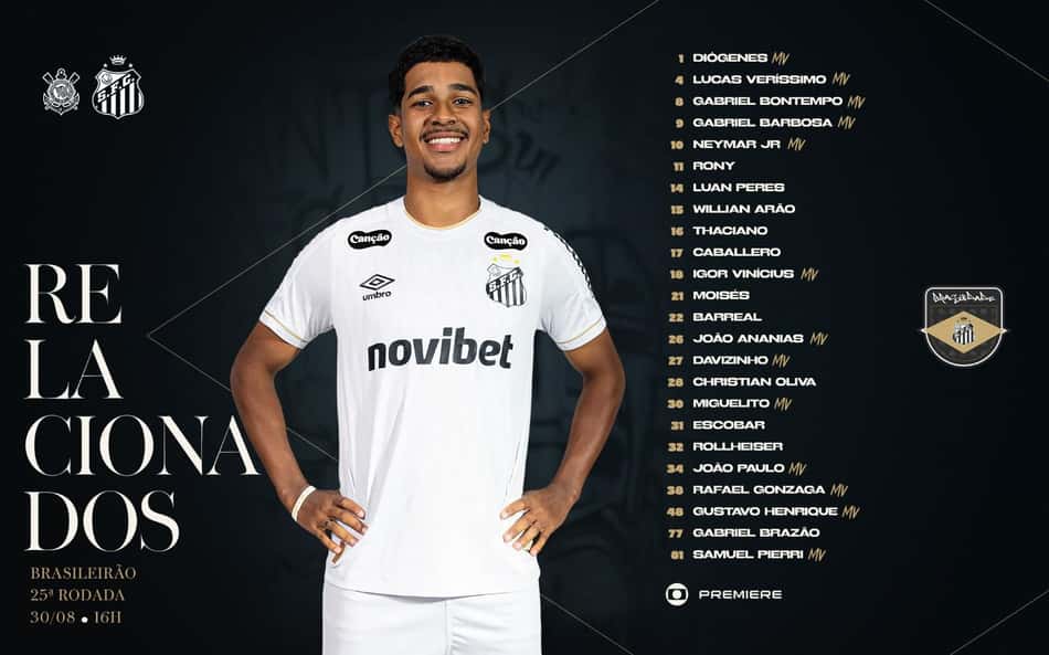 Relacionado do Santos para o jogo contra o Corinthians. 