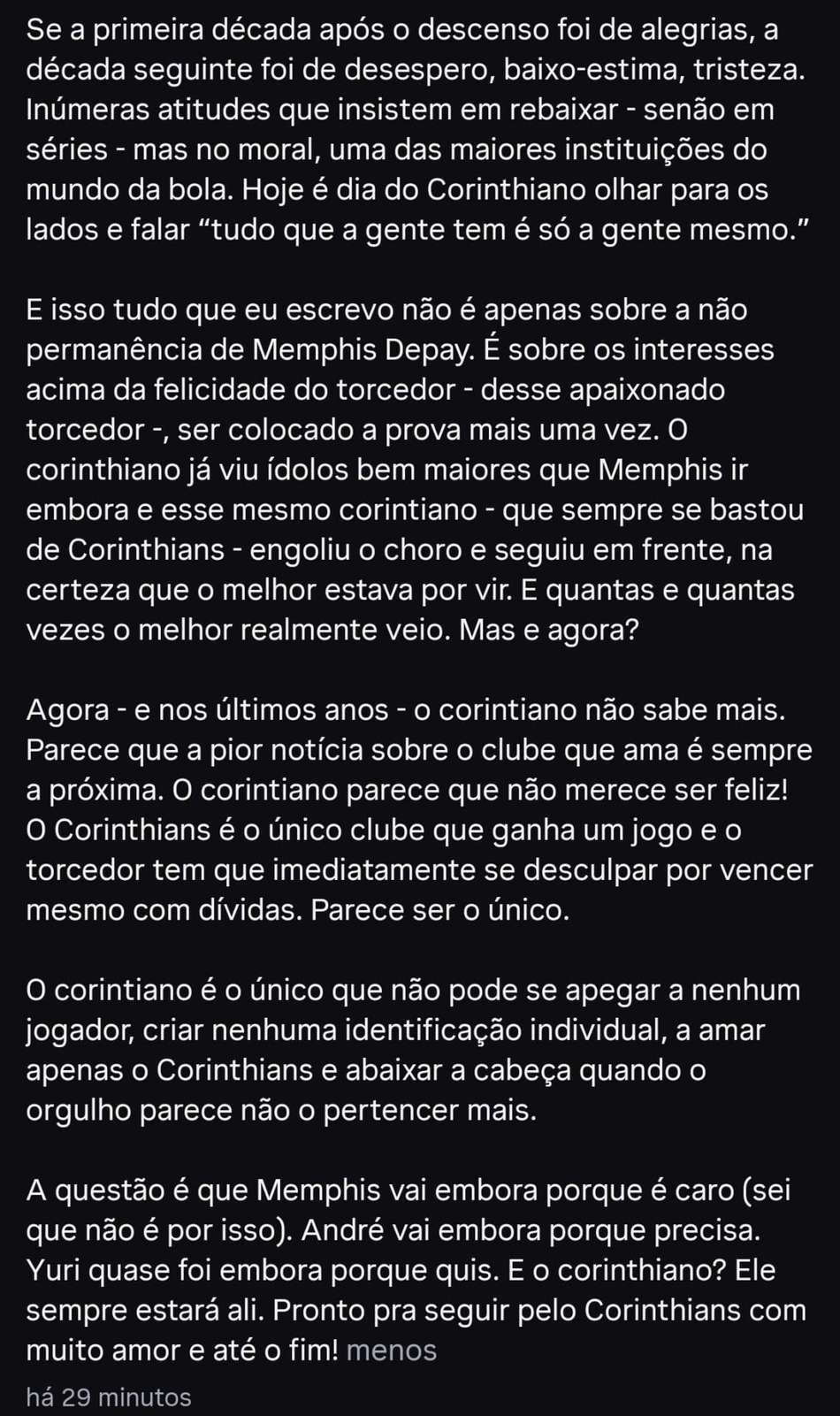 Continuação do texto de Ana Thaís Matos sobre saída de Memphis Depay (Foto: Reprodução)