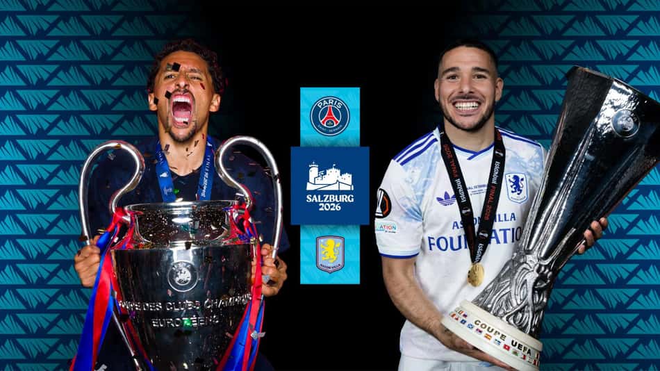 Imagem de divulgação da Supercopa da UEFA com Marquinhos segurando a Taça da Champions e Buendía segurando a da Europa League