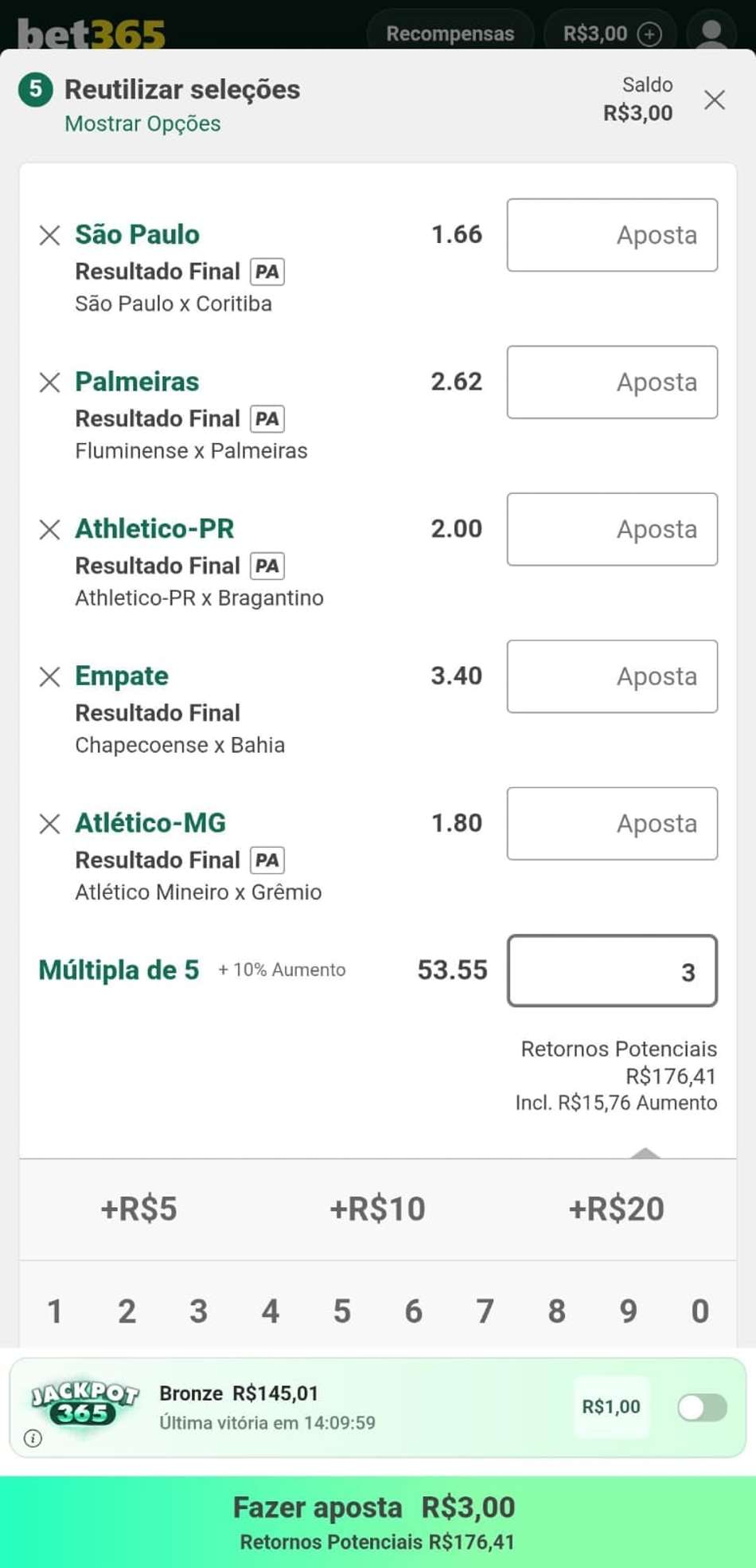 Captura de tela mostrando uma aposta esportiva na bet365.