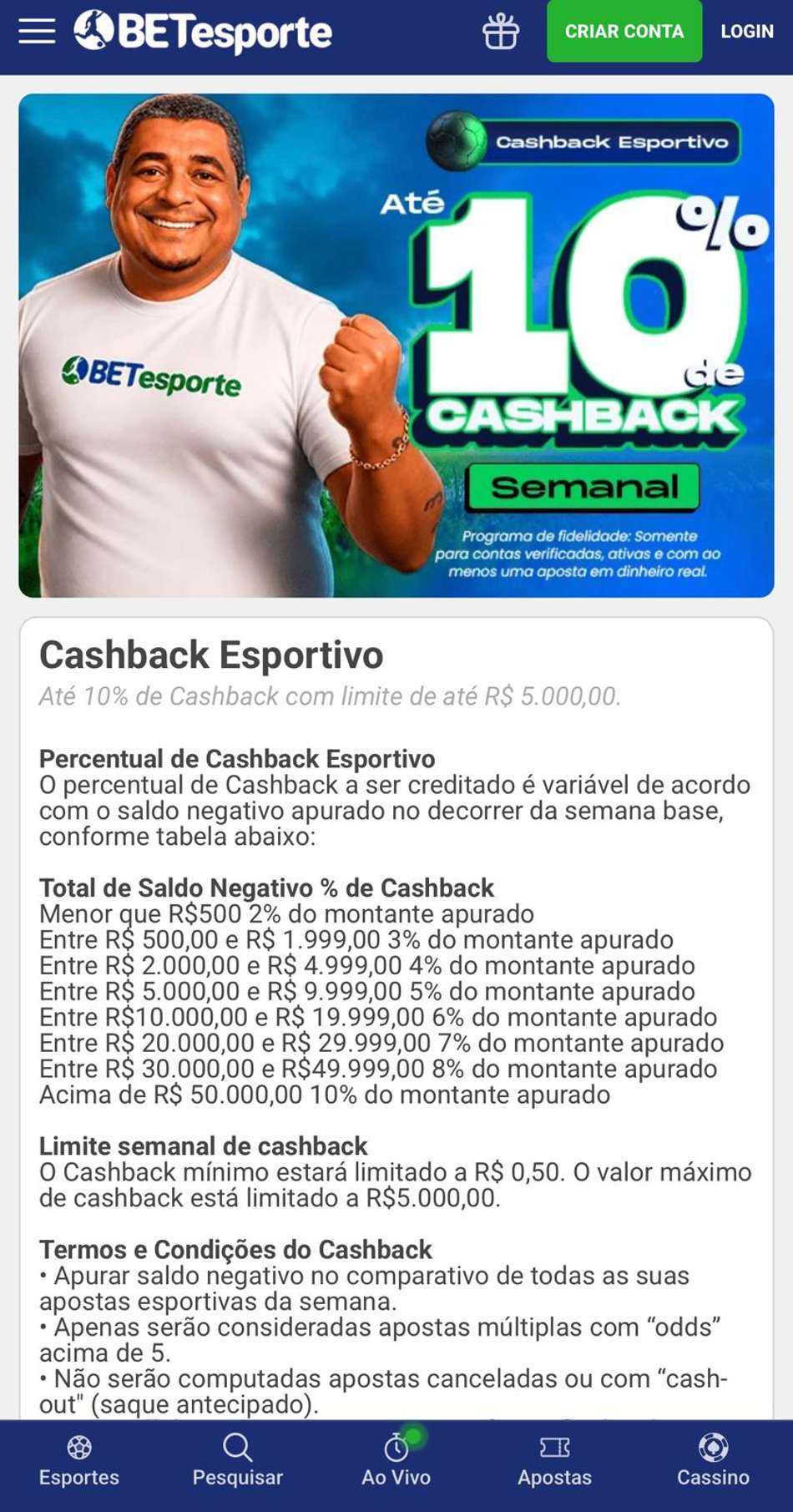 Captura de tela da promoção com cashback no Brasileirão na BETesporte.