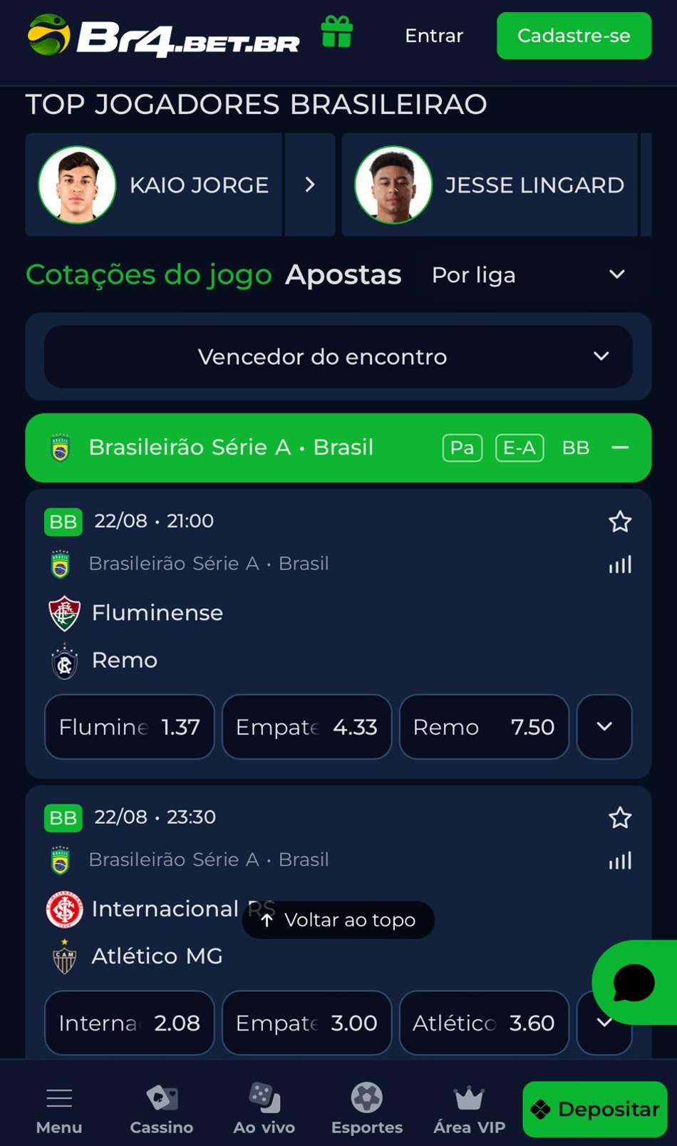 Captura de tela com opções com Criar Aposta em apostas no Brasileirão na BR4BET.