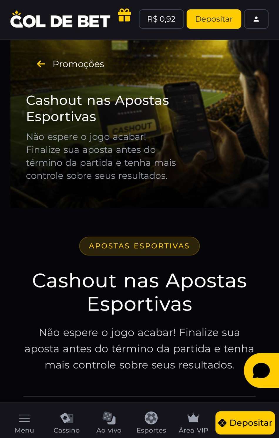 Captura de tela do Cash Out na Gol de Bet, disponível em apostas no Brasileirão 2026.