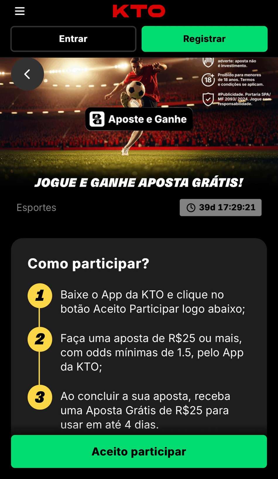 Captura de tela da campanha de apostas grátis na KTO.