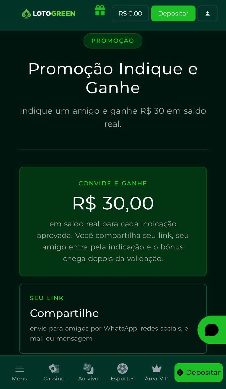Captura de tela do "Indique e Ganhe" no site de apostas no Brasileirão Lotogreen.
