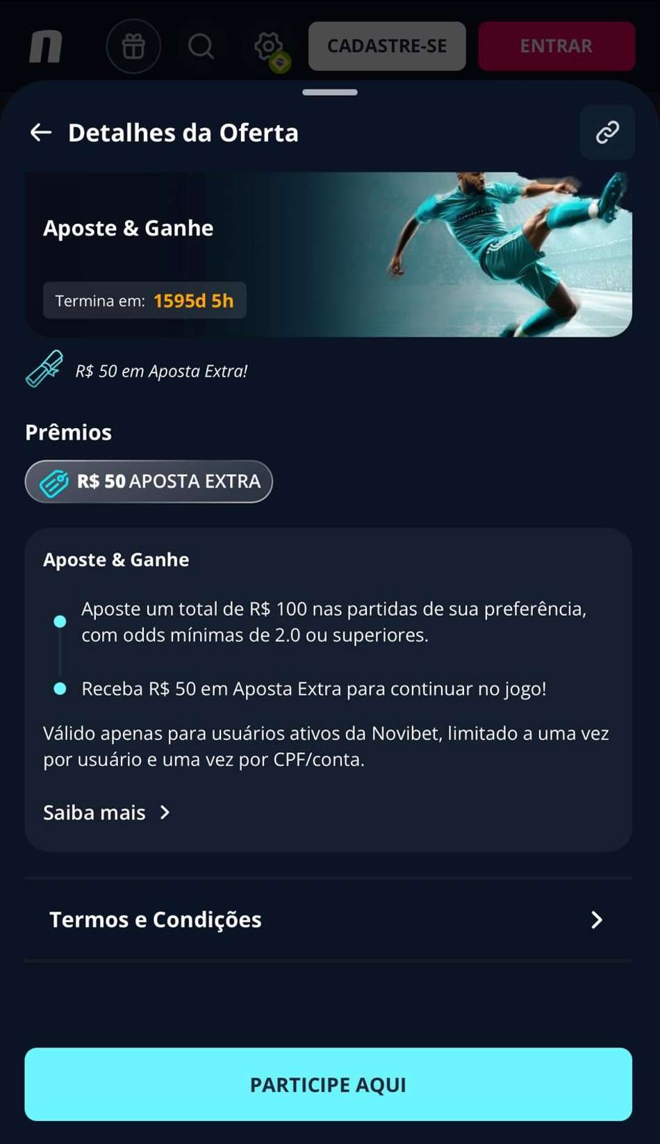 Captura de tela da promoção "Aposte &amp; Ganhe" na Novibet, disponível em apostas no Brasileirão.