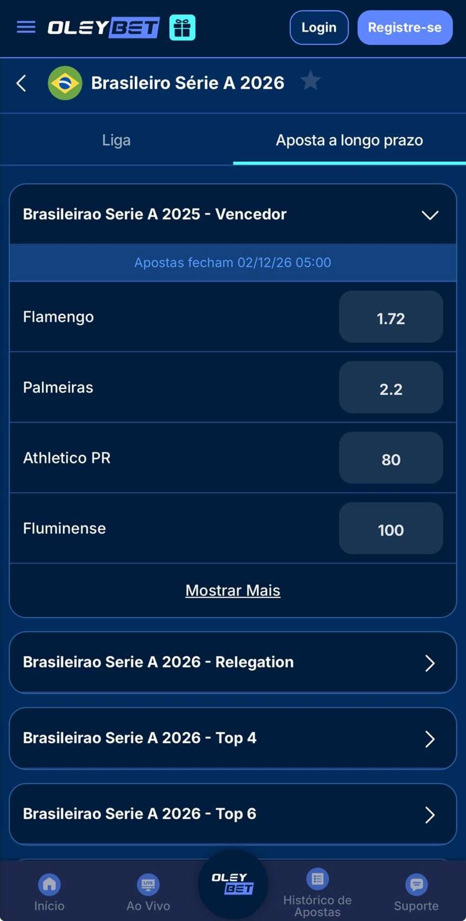 Captura da tela de apostas de longo prazo no Brasileirão na Oleybet.