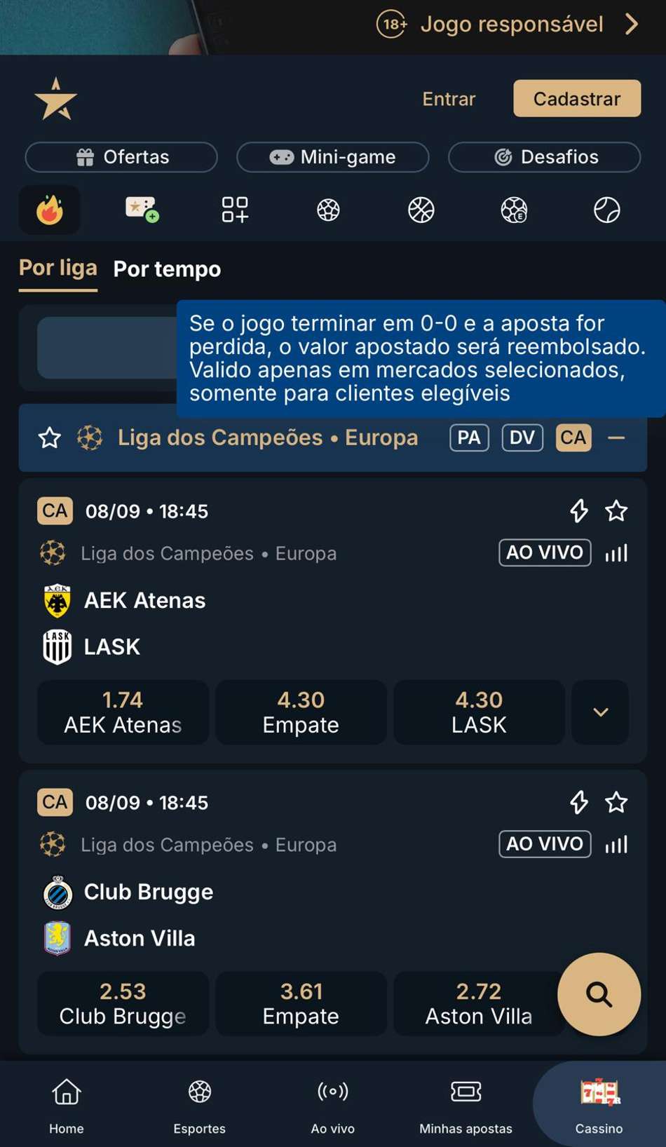 Captura da tela de apostas na Champions League na Estrela Bet.
