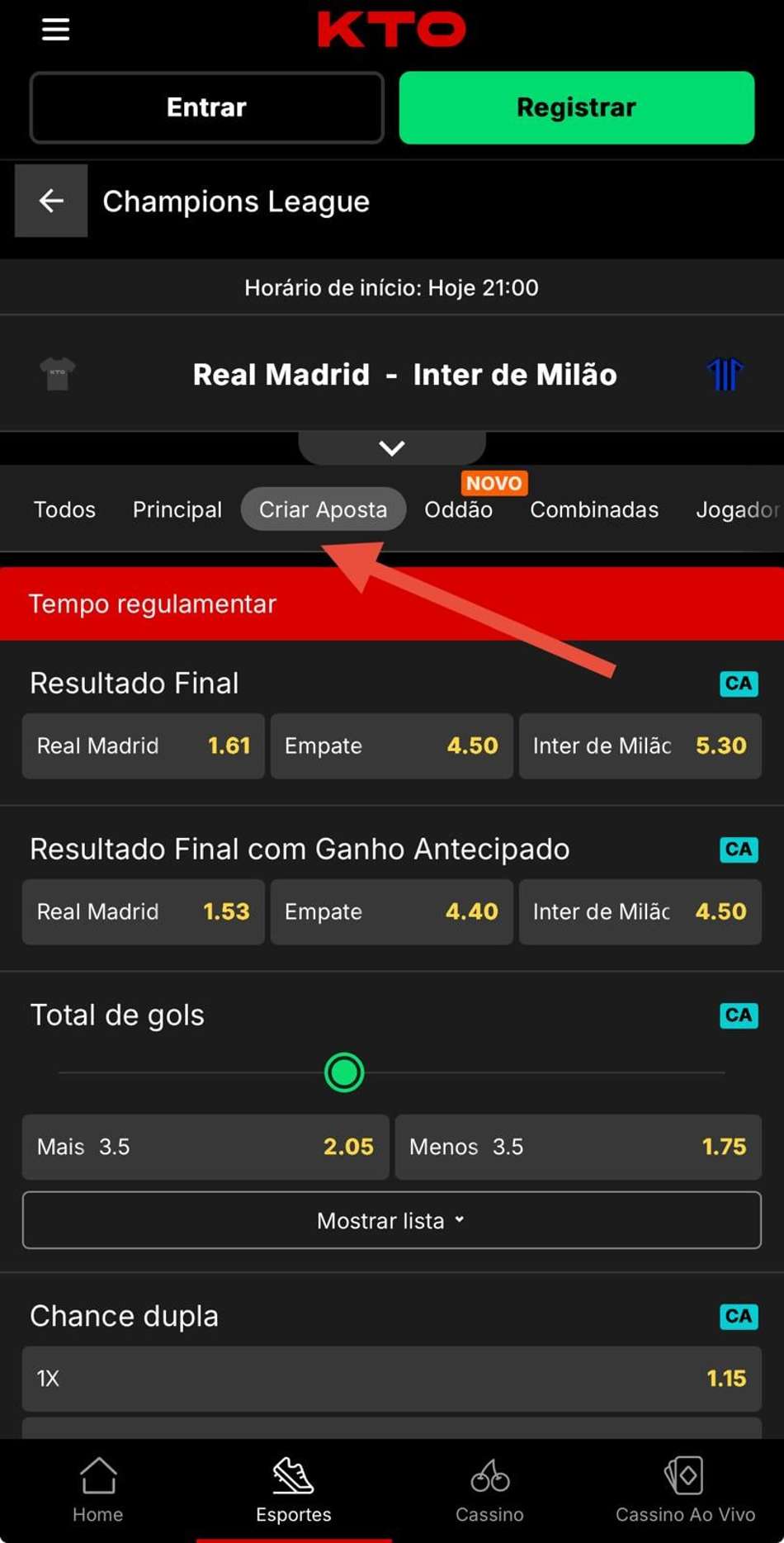 Captura de tela mostra o Criar Aposta em apostas na Champions League.