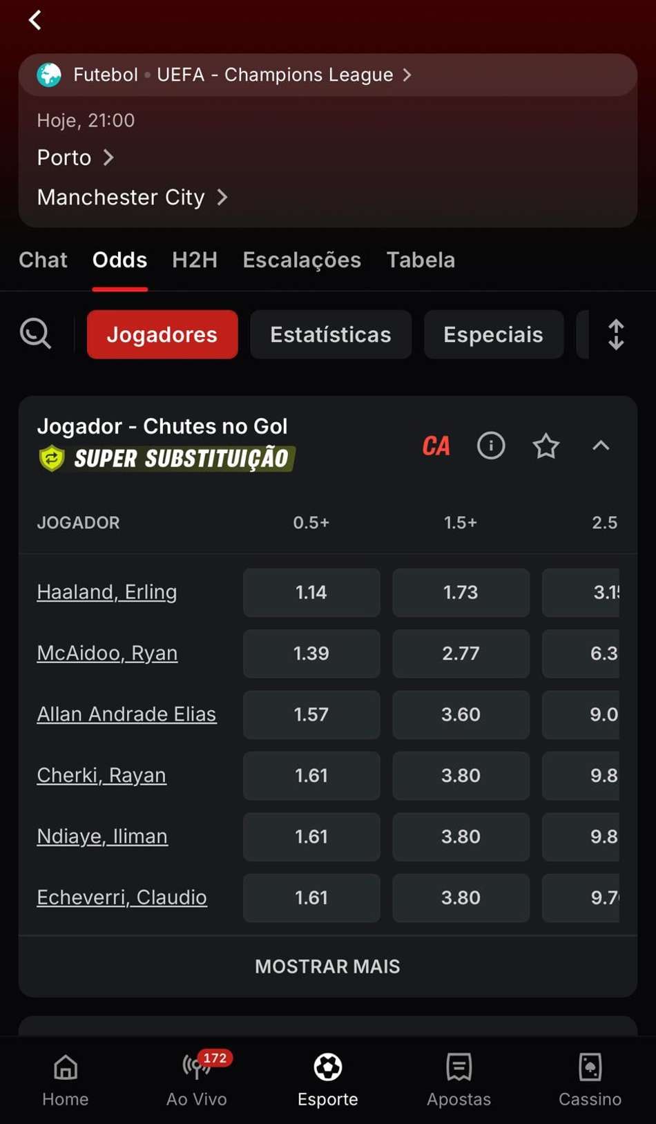 Captura de tela mostra o Super Substituição da Superbet em apostas na Champions League.