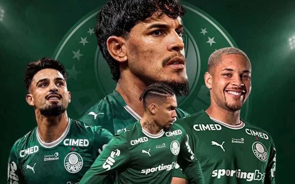 Arte com jogadores do Palmeiras em anúncio de novo patrocinador