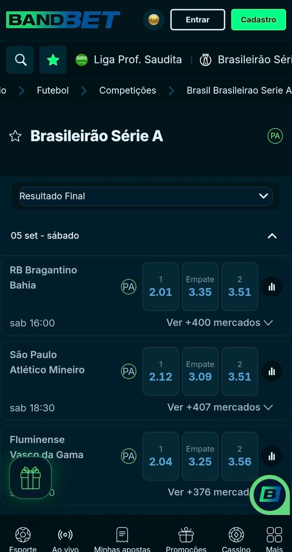 Captura de tela da página do Brasileirão de 2026 na BandBet com o recurso de Pagamento Antecipado.
