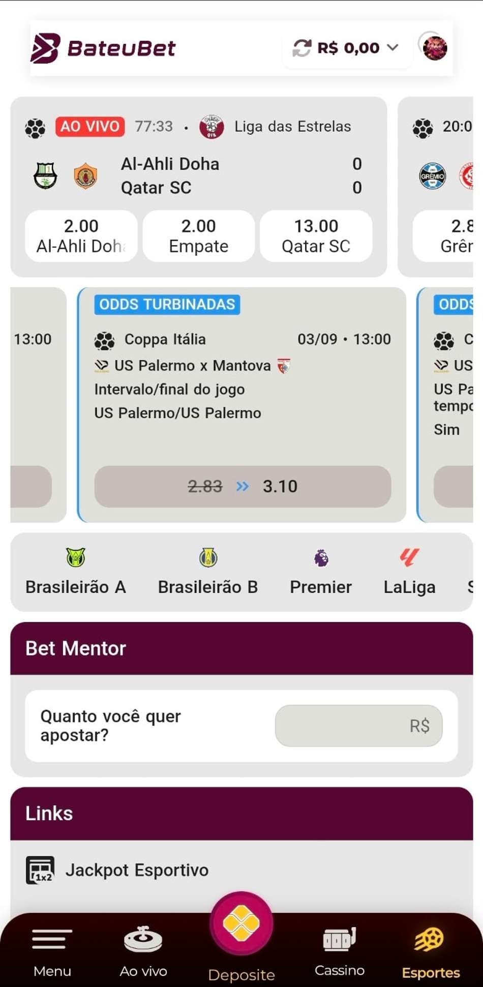 Captura de tela exibe as Odds Turbinadas na Bateubet.