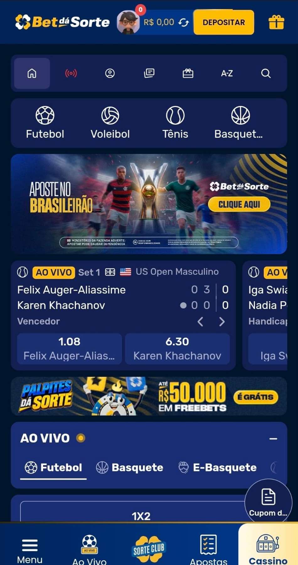 Captura da tela de apostas esportivas da Bet dá Sorte.