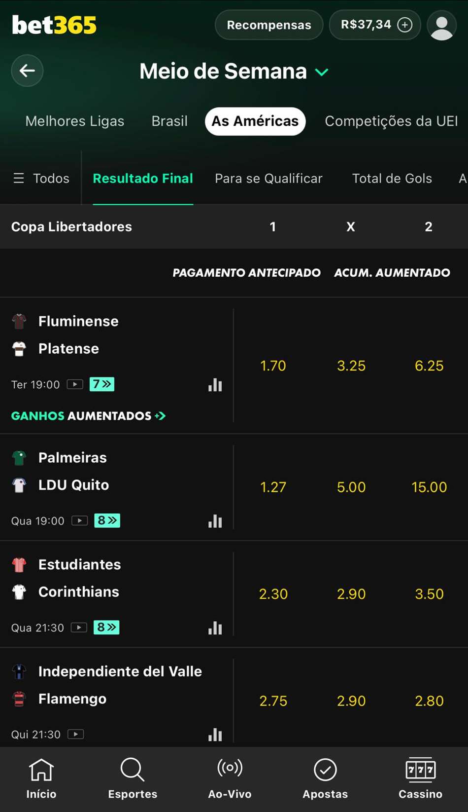 Captura da tela de apostas na Libertadores na bet365.