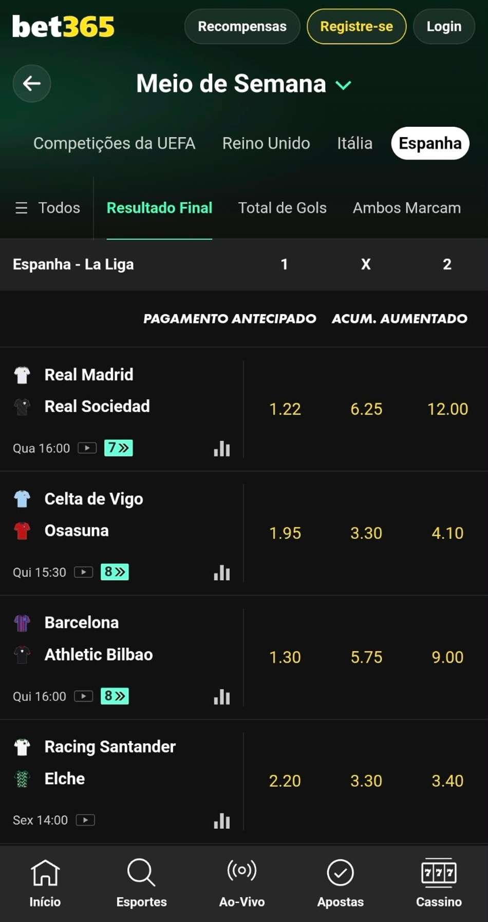 Captura de tela da página de apostas na La Liga no site oficial da bet365.