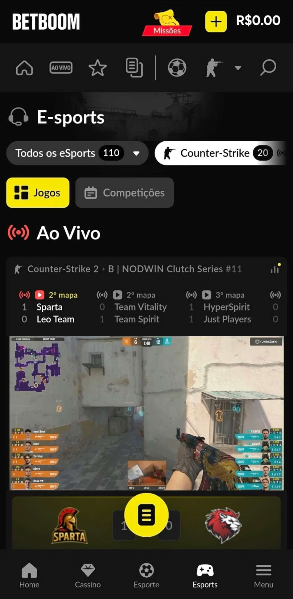 Captura de tela da seção de eSports na BetBoom exibindo uma partida ao vivo de CS2.