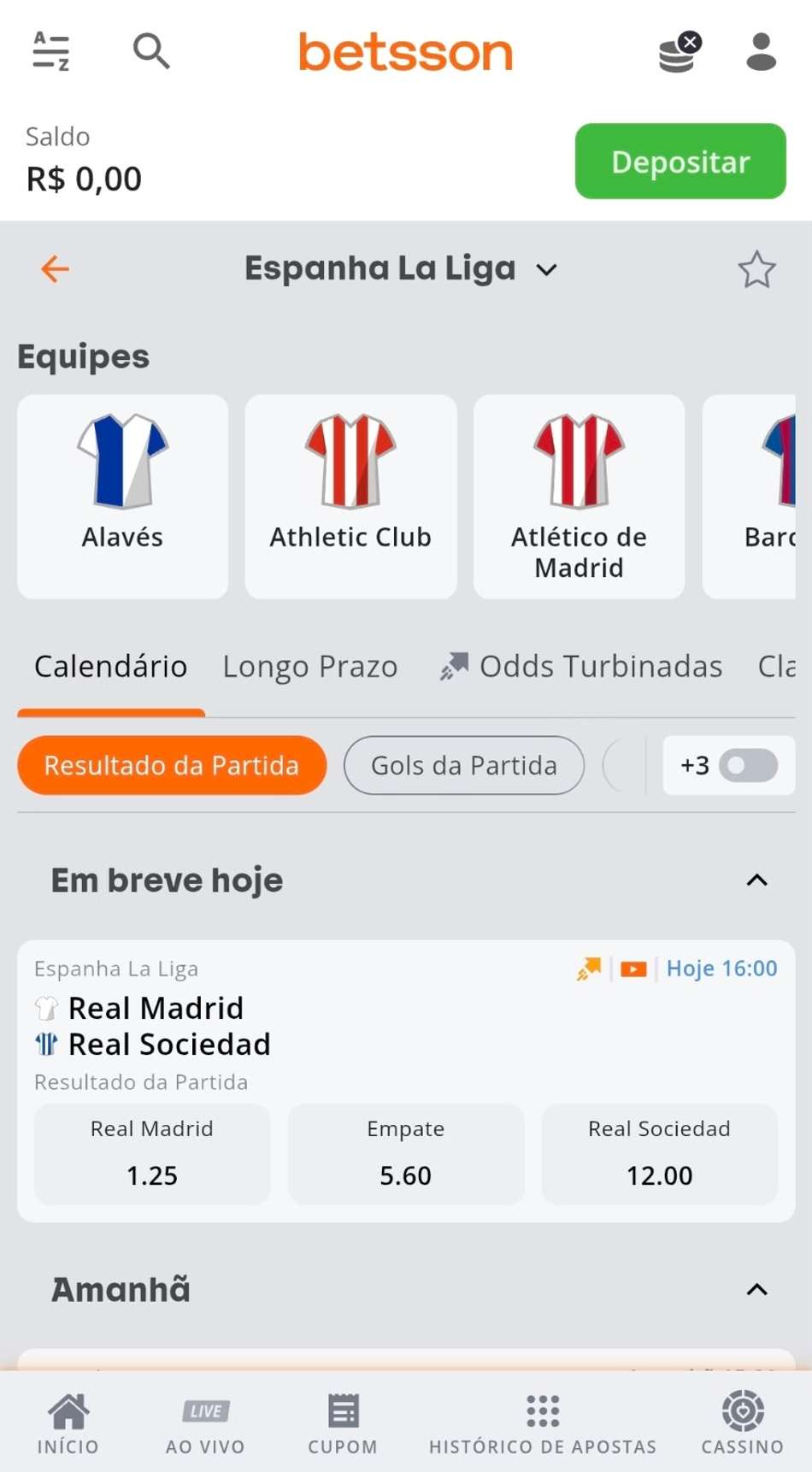 Captura de tela dos jogos disponíveis para apostas na La Liga na Betsson, com detalhes do horário da partida e odds.