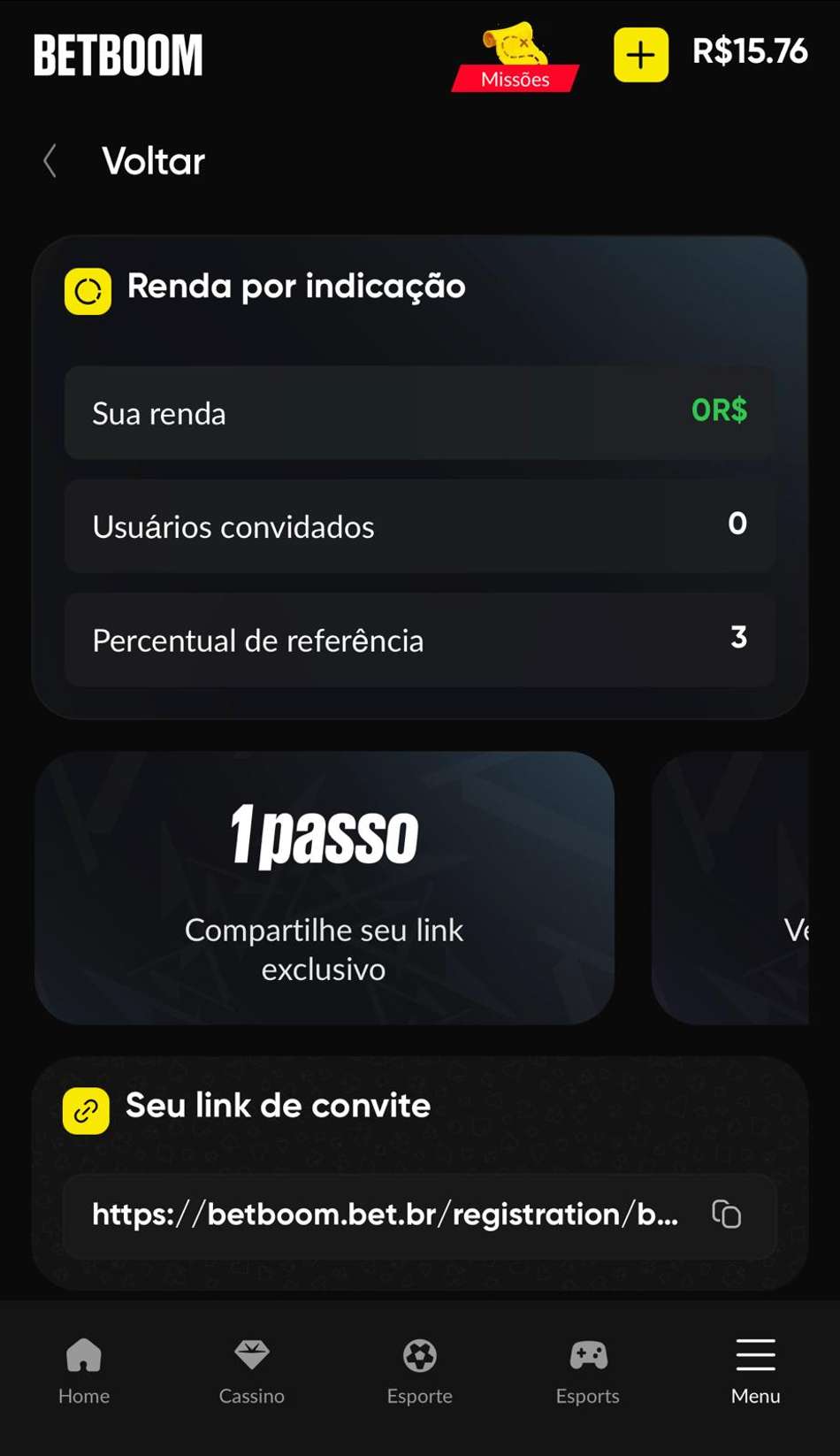Captura de tela da recompensa por indicação na BetBoom.