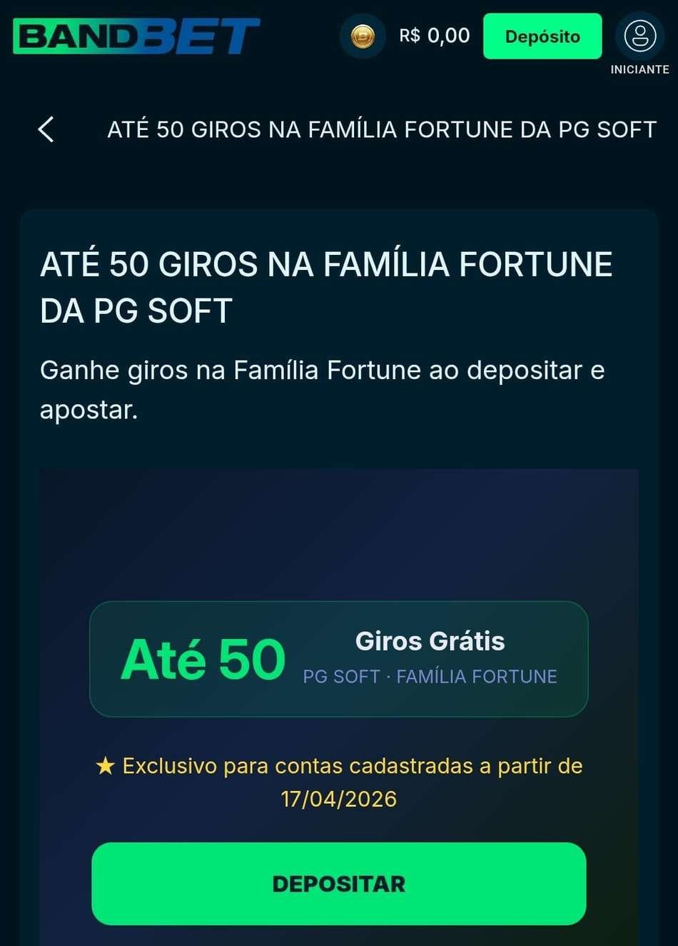 Captura de tela do bônus BandBet com até 50 giros extras.