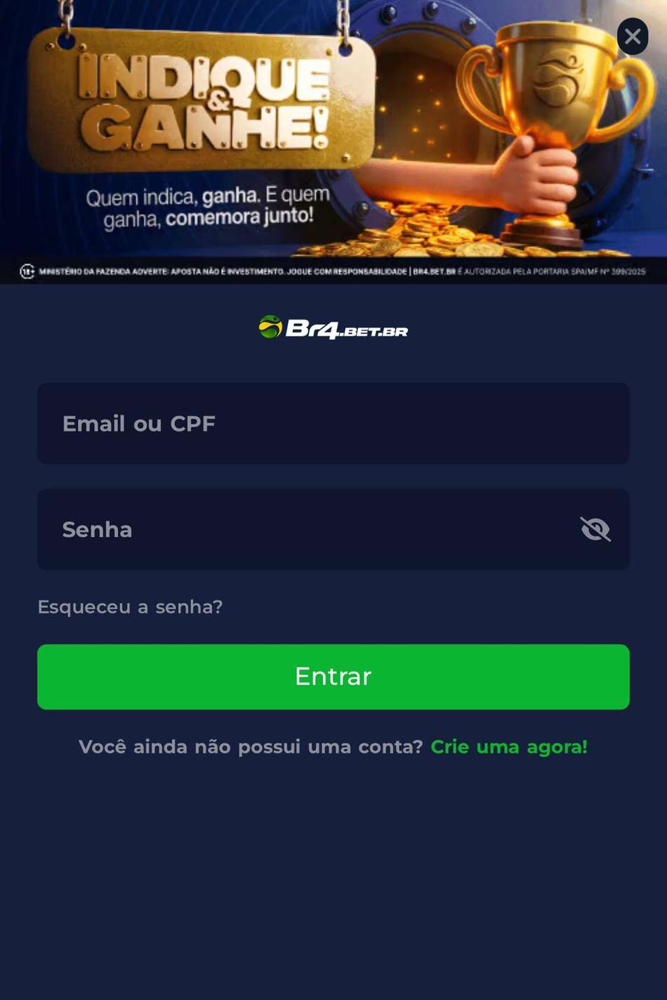 Captura da tela de login na BR4BET.