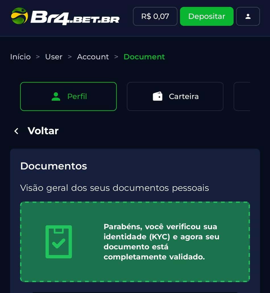Captura da tela de verificação de identidade após cadastro na BR4BET.