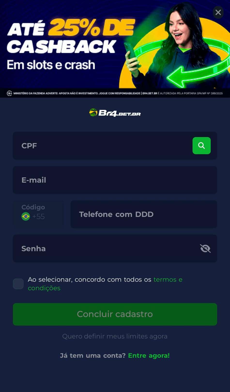 Captura da tela de cadastro na BR4BET.