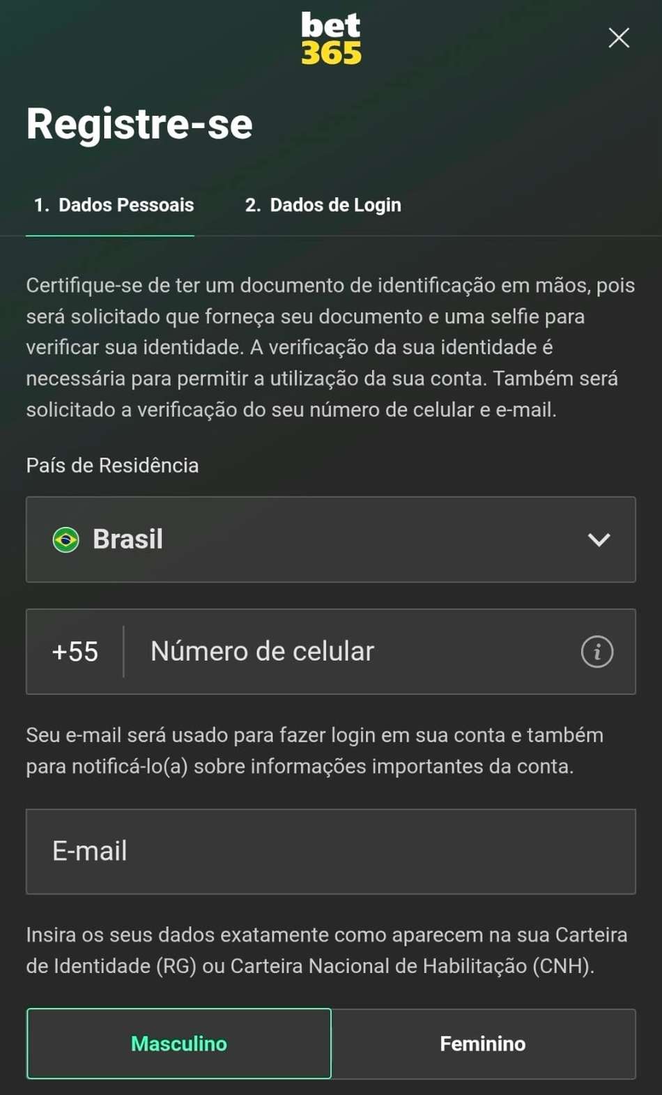 Captura de tela do cadastro da bet365.