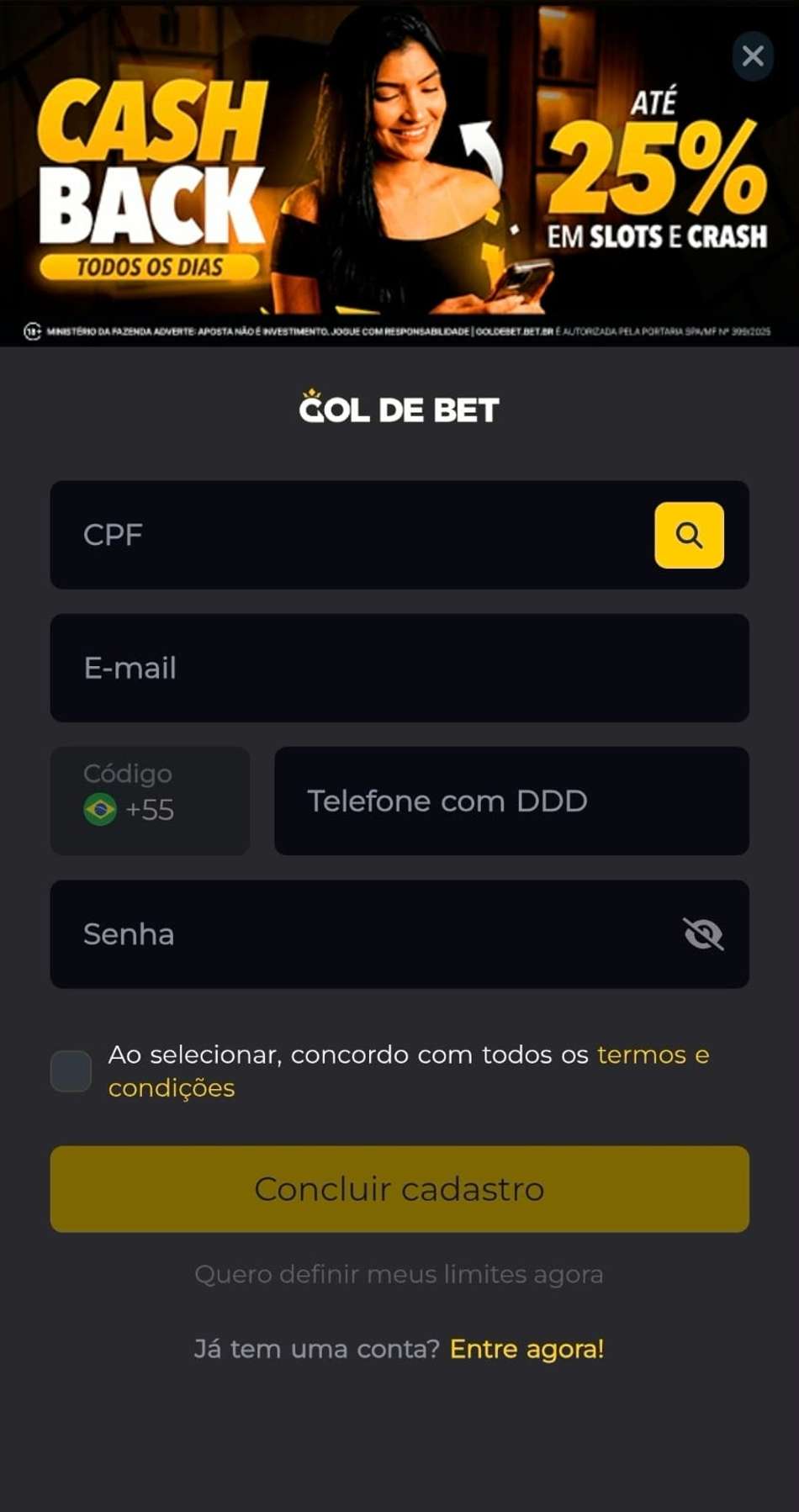 Captura de tela do formulário de cadastro na Gol de Bet.