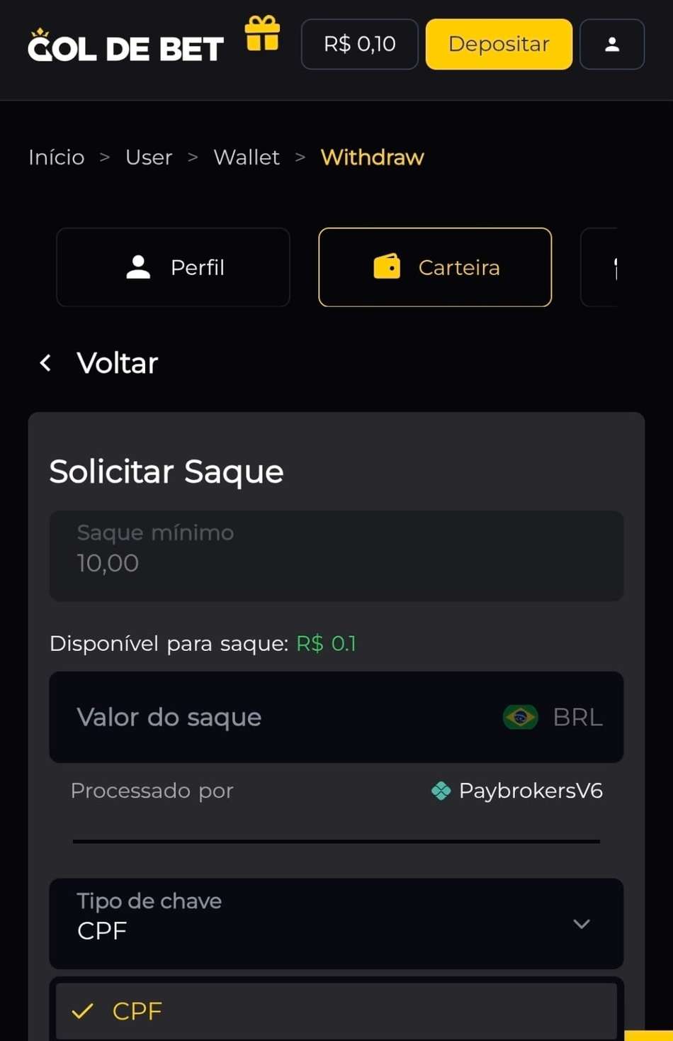 Captura de tela da carteira de usuário na Gol de Bet, exibindo os campos para solicitar um saque.
