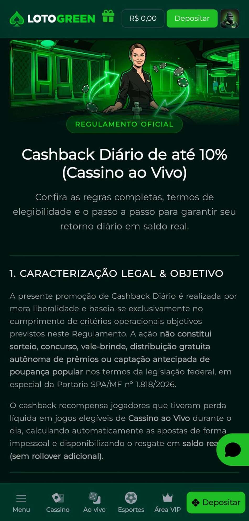 Captura de tela do bônus Lotogreen que devolve até 10% da perda diária em mesas de cassino ao vivo.