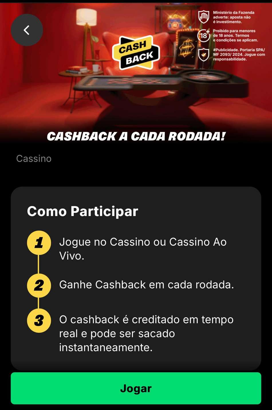 Captura de tela do bônus cashback da KTO.
