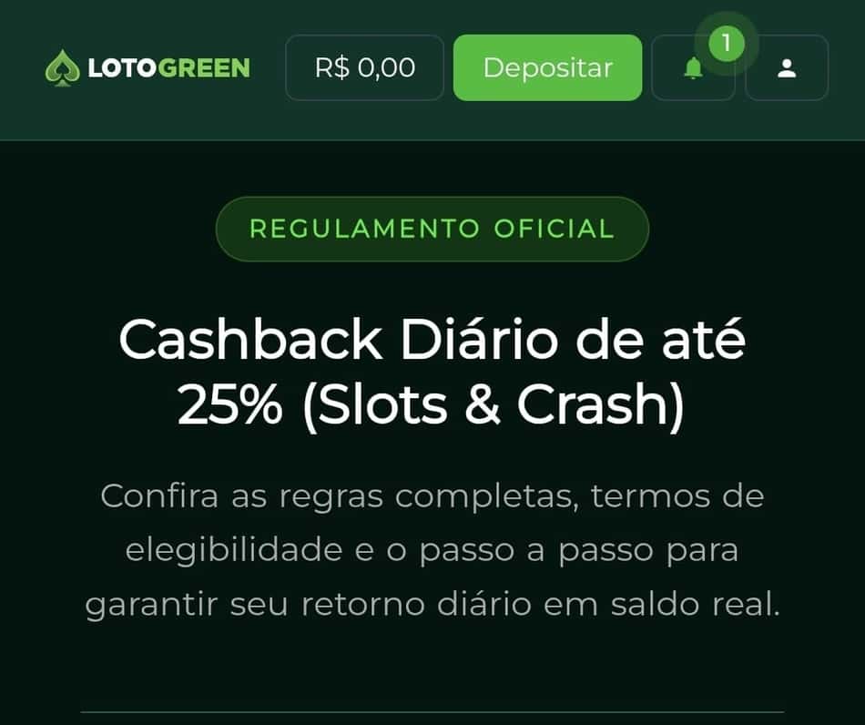 Captura de tela da promoção de cashback de até 25% em caça-níqueis e crash games na Lotogreen.