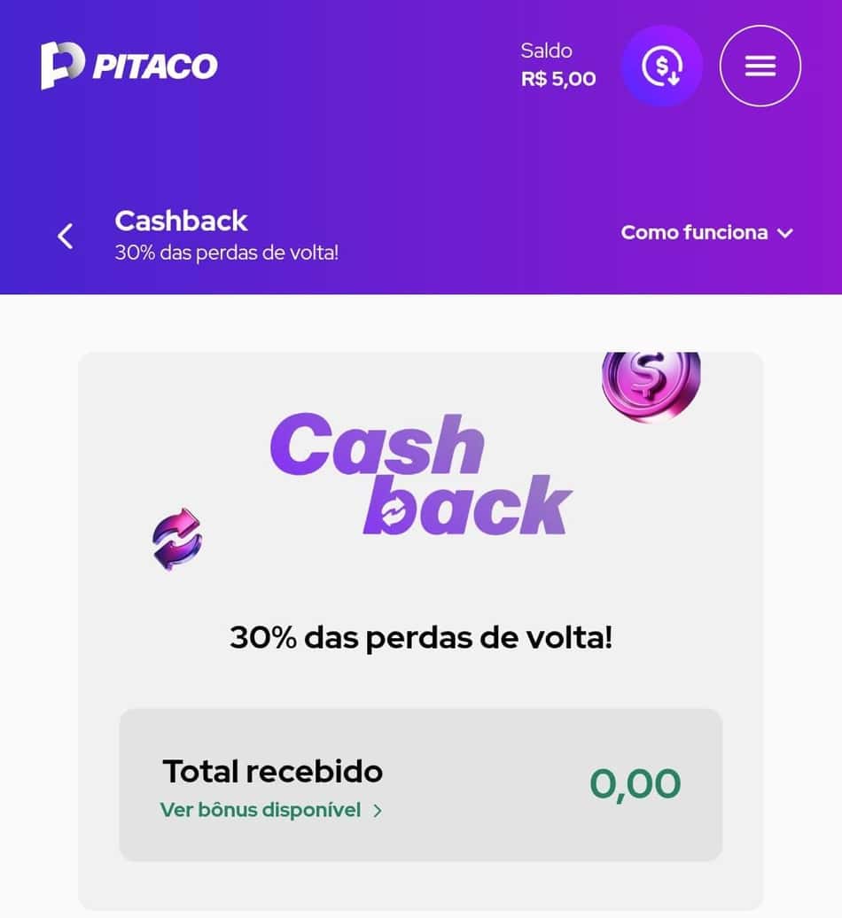 Captura de tela do bônus de cashback do cassino Pitaco.