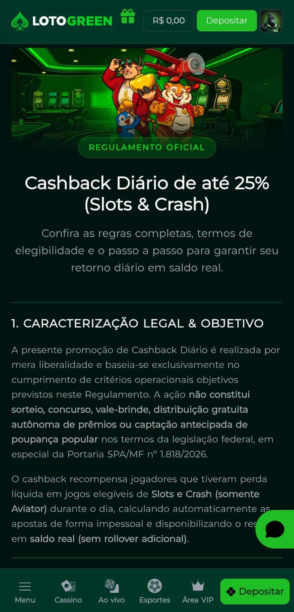 Captura de tela da promoção de cashback de até 25% em caça-níqueis e crash games na Lotogreen.