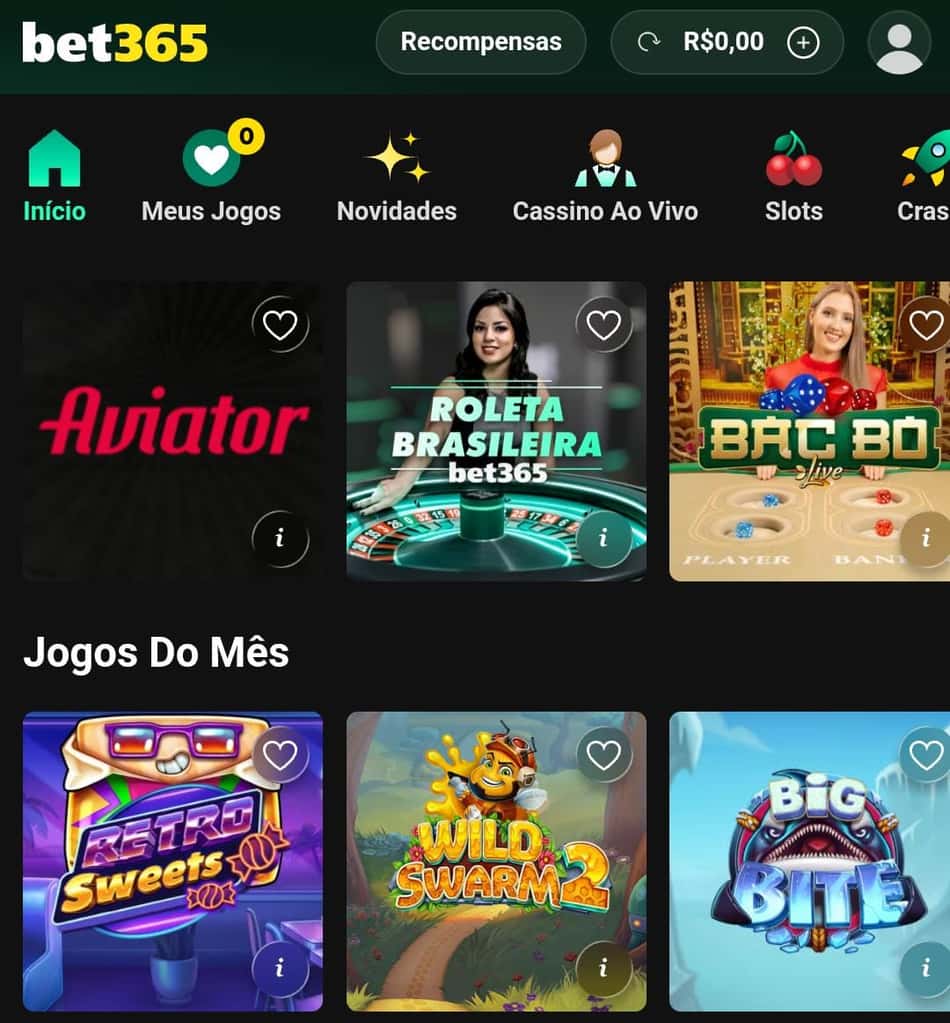 Captura de tela dos jogos de cassino na bet365.