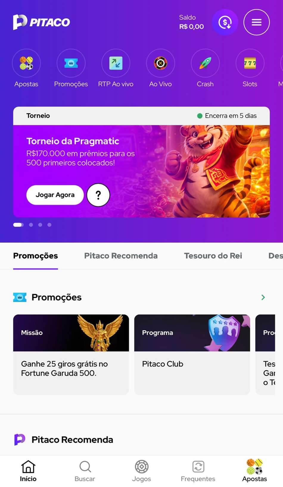 Captura da tela inicial do app da Pitaco, um cassino com giros grátis.