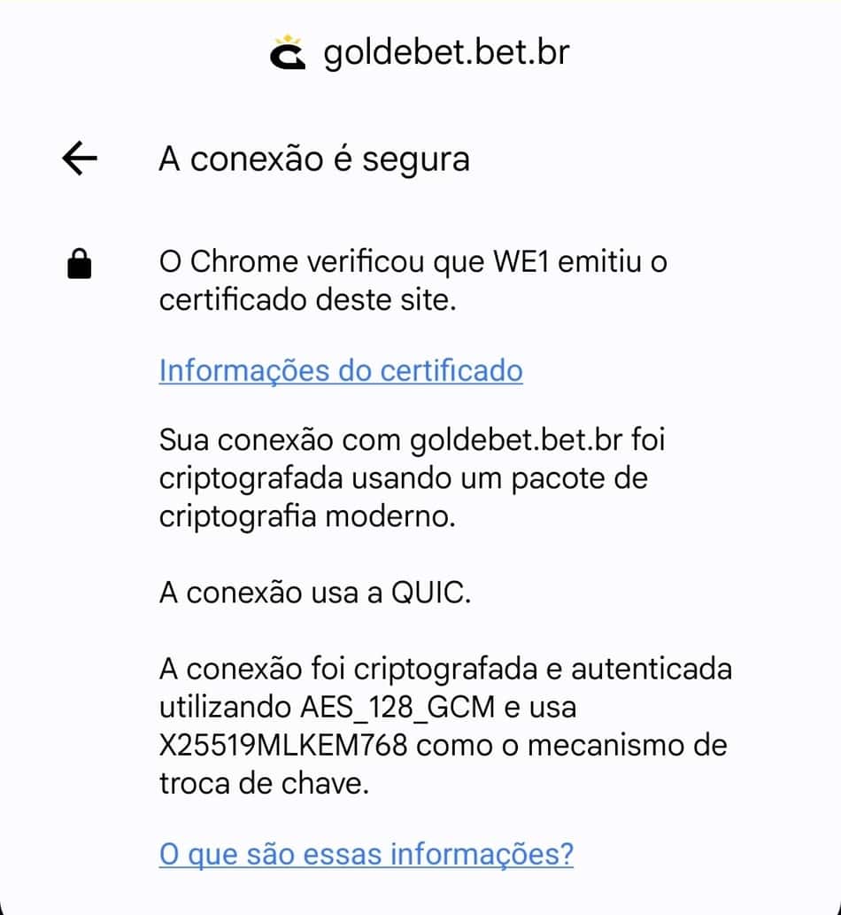 Captura de tela do certificado de segurança da Gol de Bet exibido na URL pelo Google, indicando que a conexão é segura e confiável.