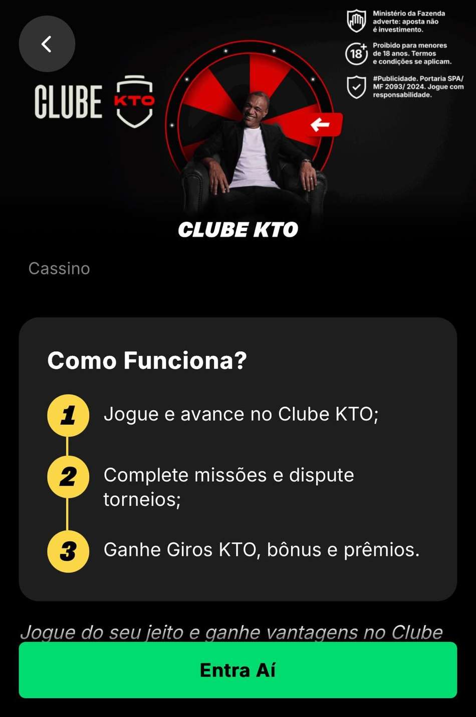 Captura de tela do clube VIP KTO com missões, giro e torneios.