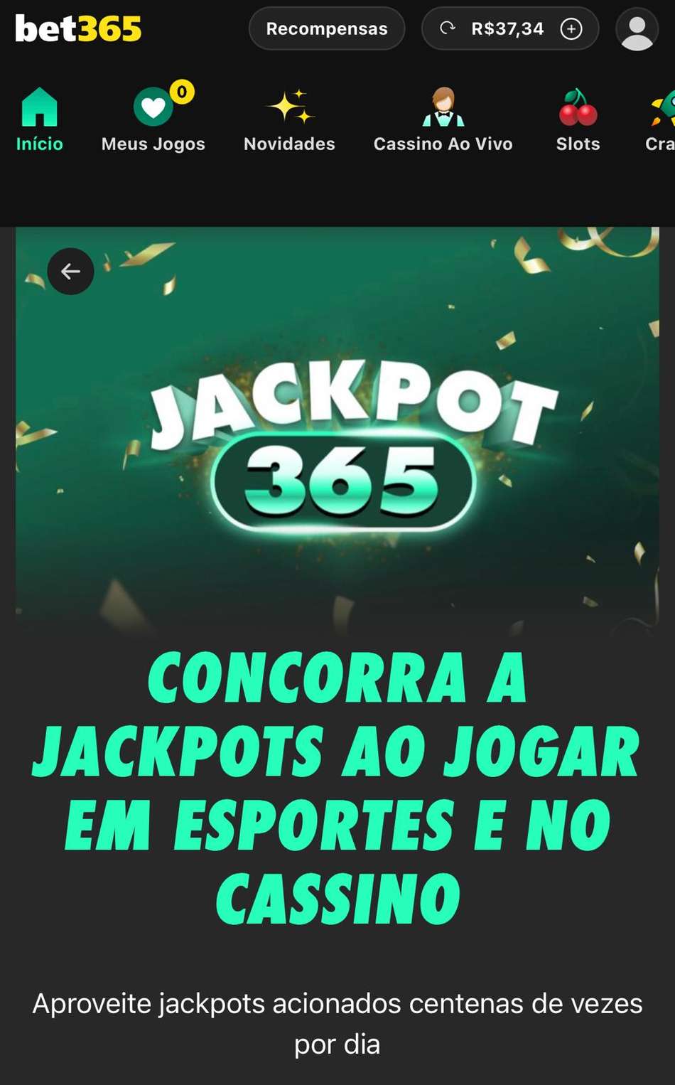 Captura de tela exibe o Jakpot365, que não precisa do código bet365 para ser ativado.