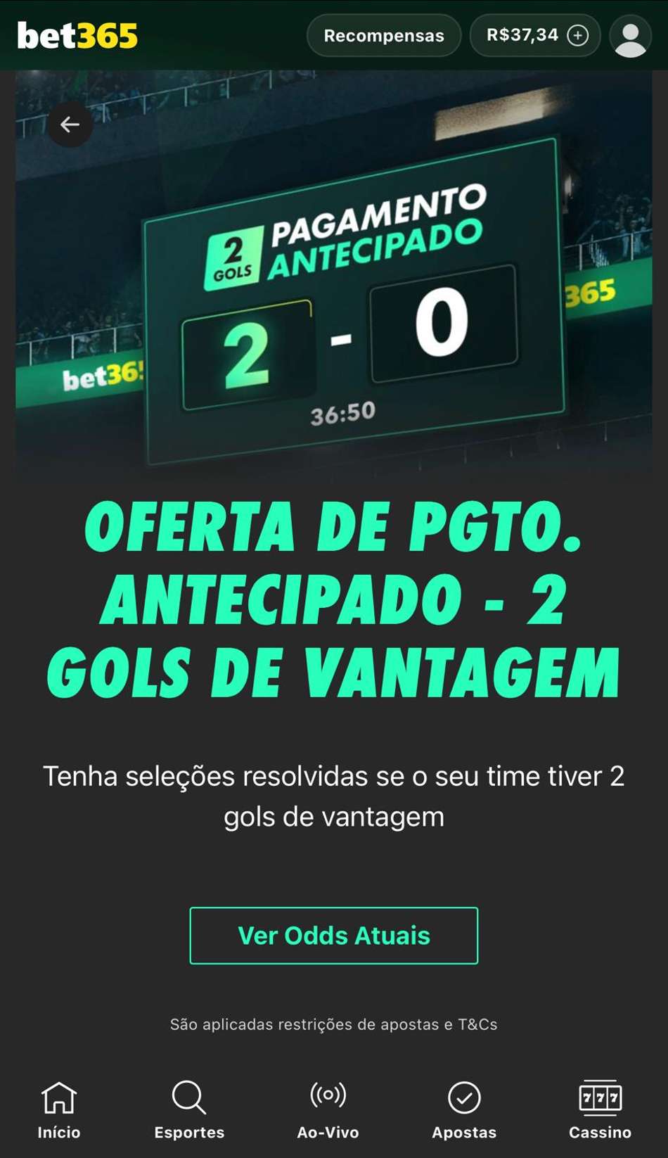 Captura de tela do Pagamento Antecipado na bet365.