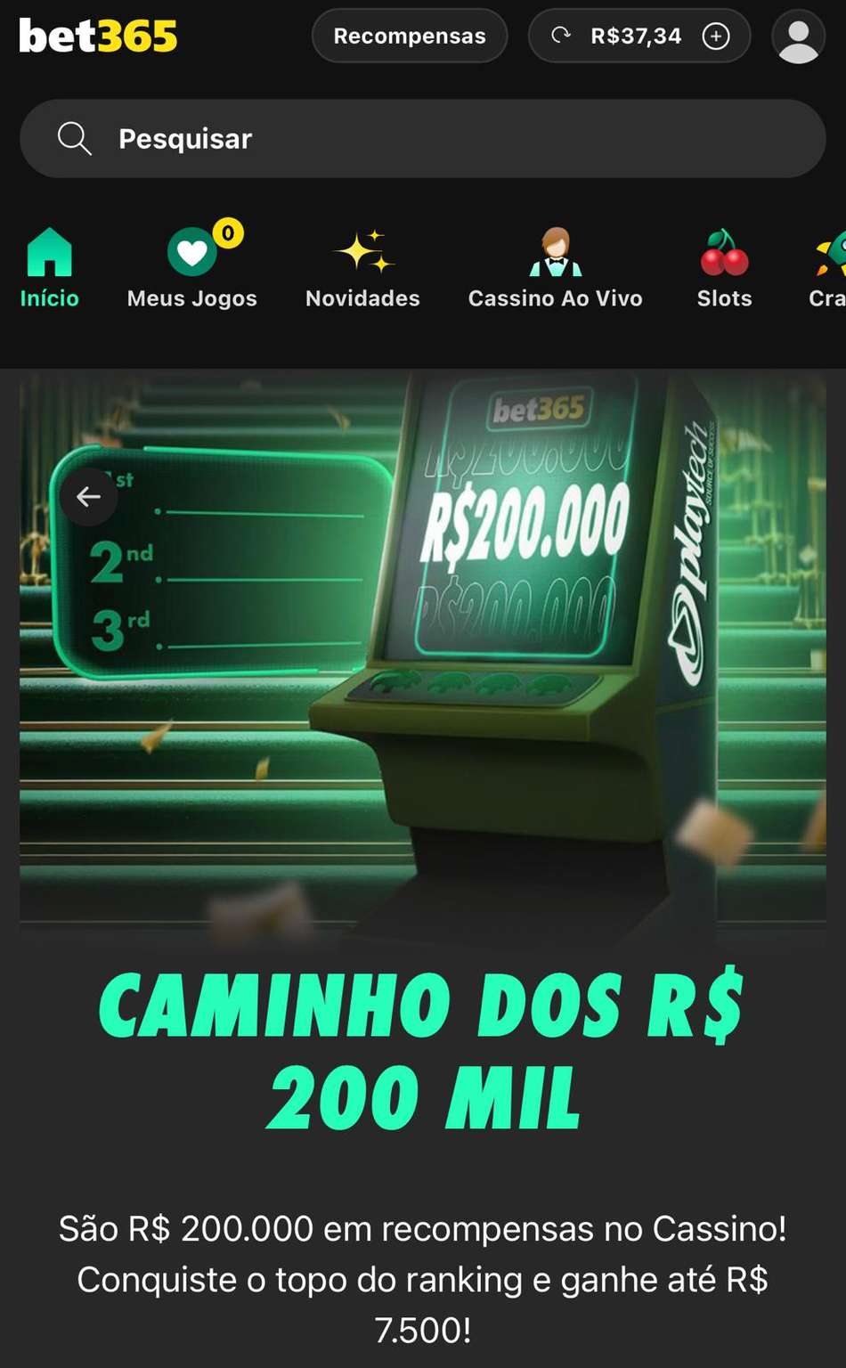 Captura de tela do torneio Caminho dos R$200 Mil, disponível com ou sem o código de indicação bet365.