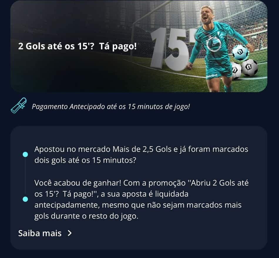 Captura de tela da campanha "2 Gols até os 15'? Tá Pago", válida com ou sem o código promocional Novibet.