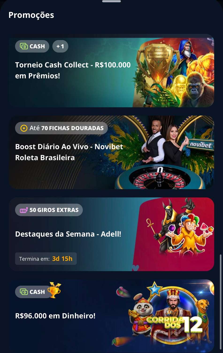 Captura da tela de promoções em cassino na Novibet.
