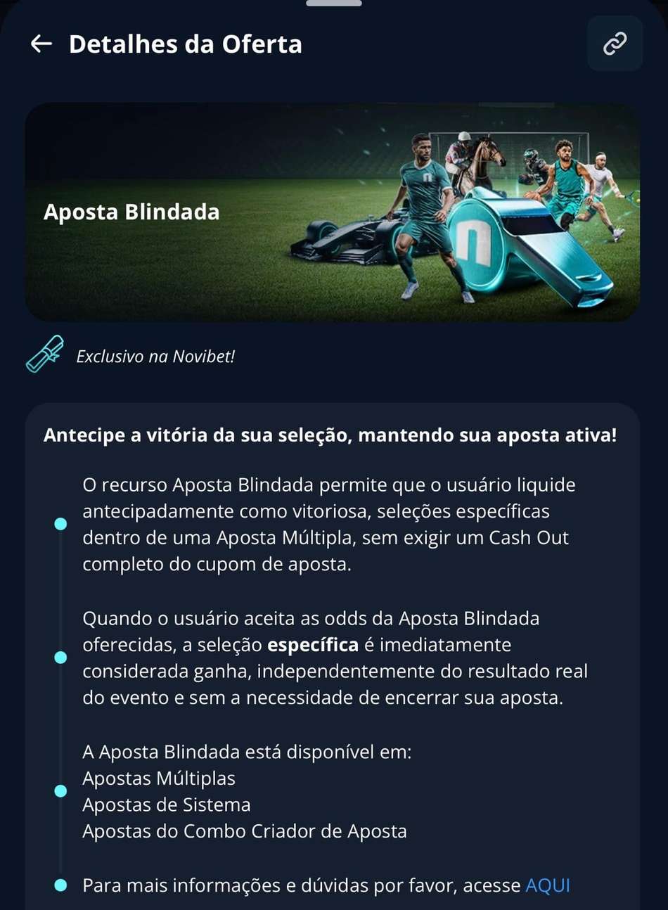 Captura de tela mostra a promoção "Aposta Blindada", disponível com ou sem o código Novibet.